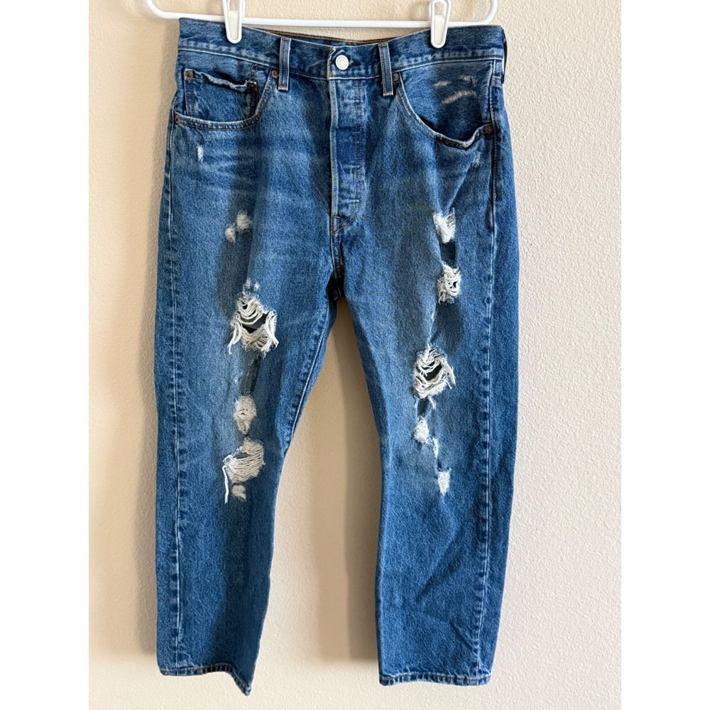 Levis 501 Original Fit‎ Distressed Ripped Jeans Medium Wash Button Fly Women